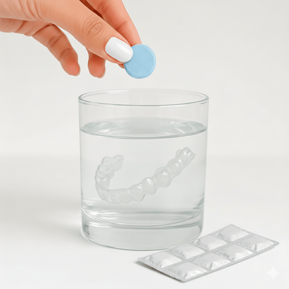 Retainer cleaning tablets with glass and product packaging