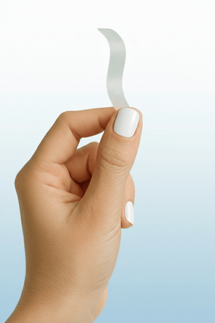 Teeth whitening strips held by model for at-home whitening